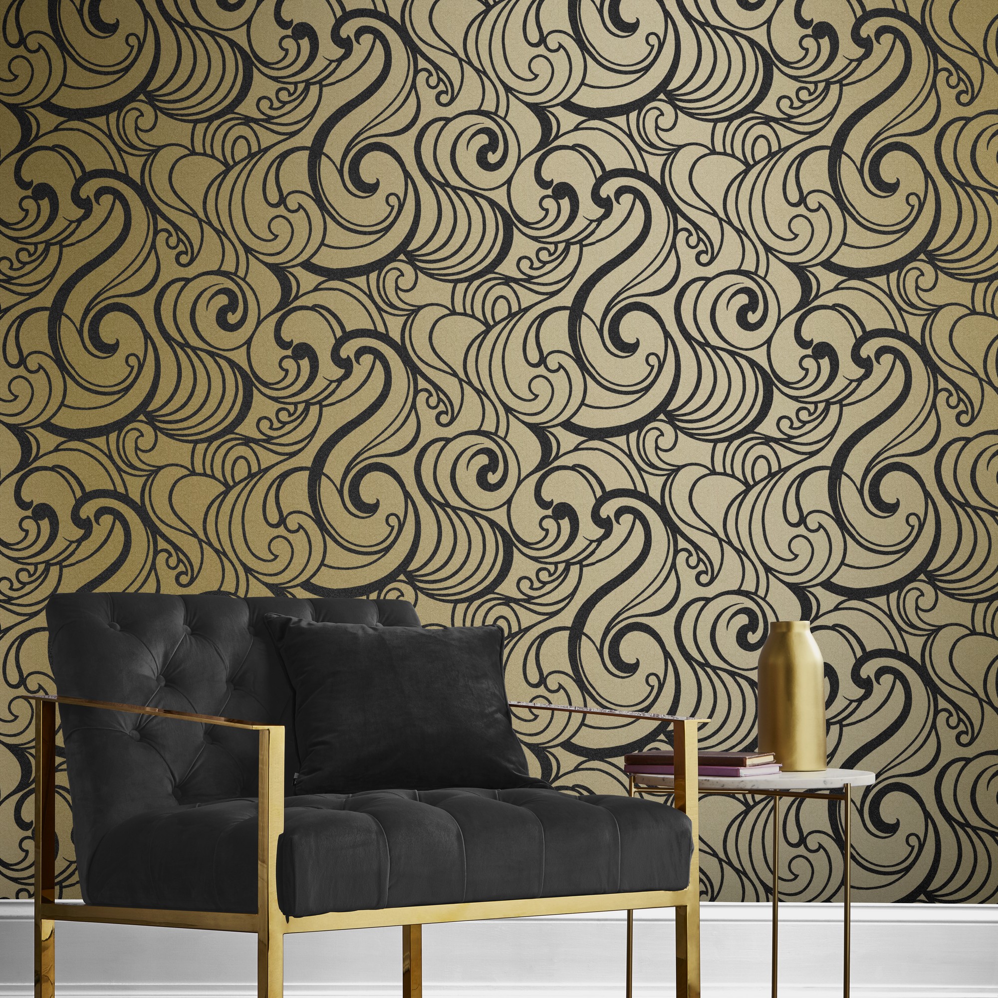 Hula Swirl Guilded Wallpaper 105272 By Graham Brown In Gold Black